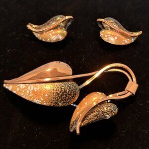 Matisse Renoir Copper Enamel Leaf Brooch and Clip Earrings Set